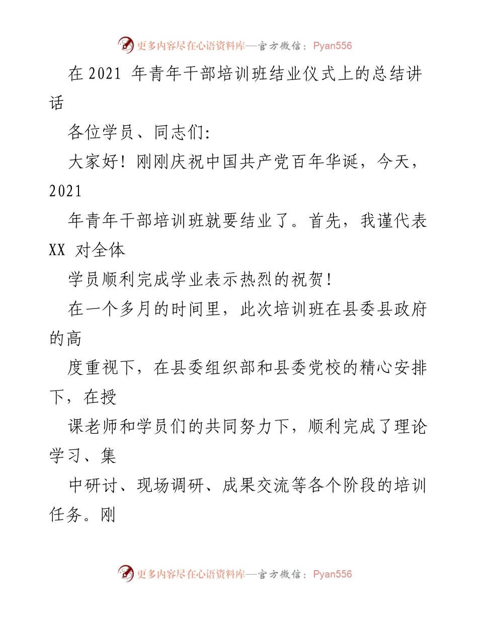 [发言] 青年干部培训班结业仪式 - 总结讲话：青年干部培训班的成就与特点.docx_第1页