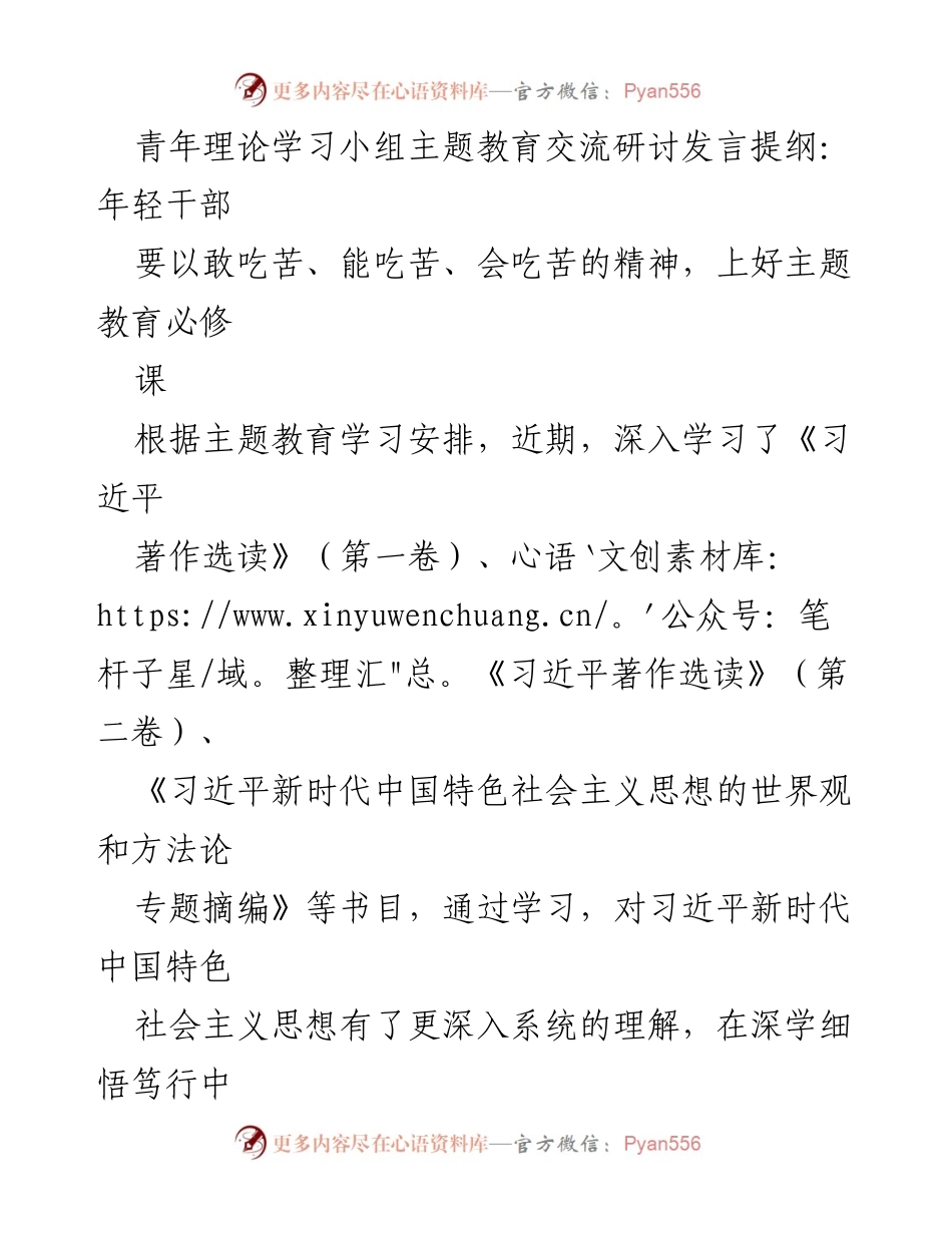 [发言] 青年理论学习小组 - 年轻干部的主题教育与责任担当.docx_第1页