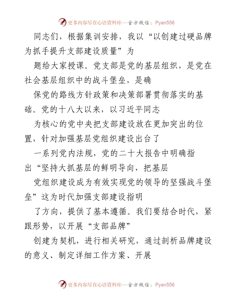 [发言] 集训 - 提升支部建设质量的有效途径：创建过硬品牌的重要性.docx_第1页
