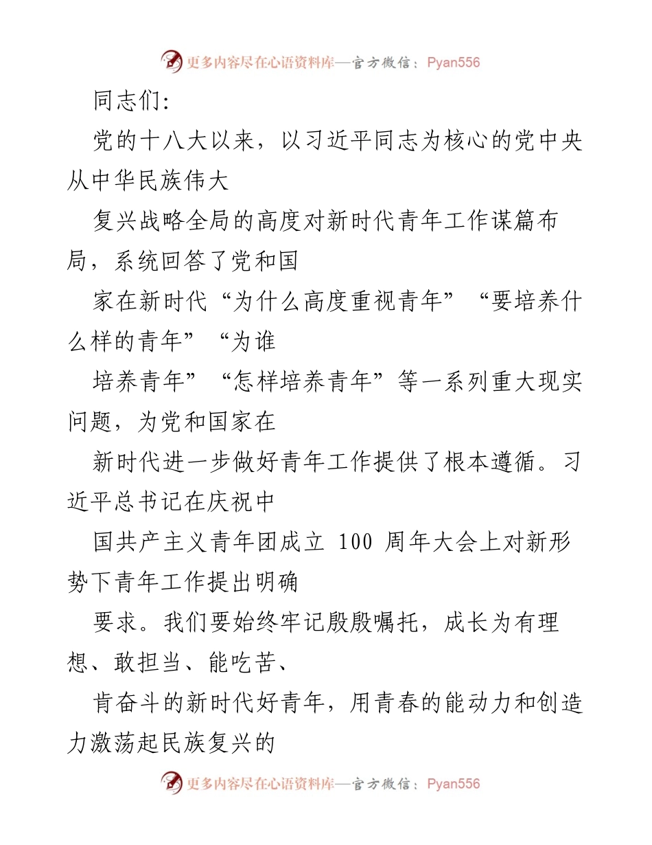 [发言] 青年工作会议 - 激扬青春力量，勇做新时代的书写者与追梦人.docx_第1页