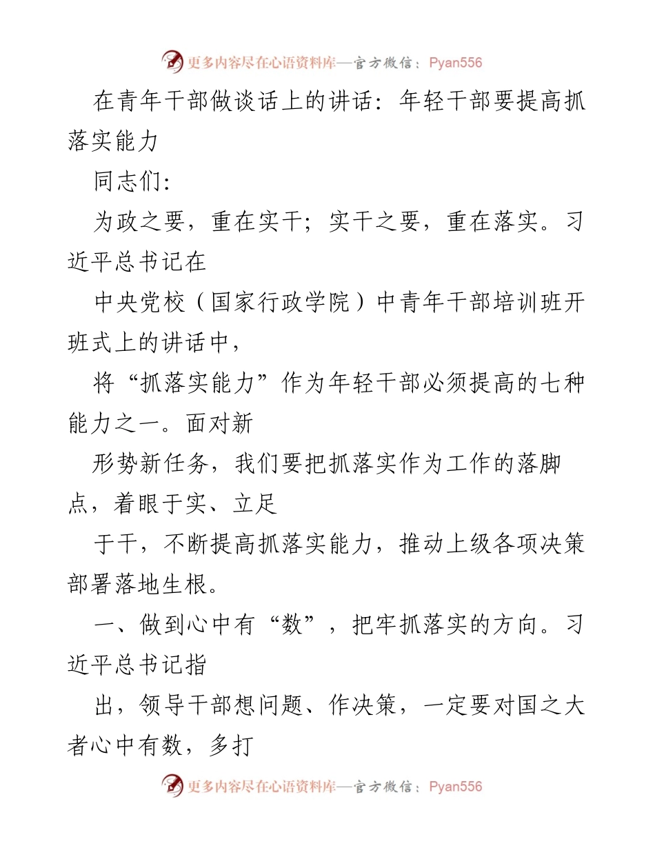 [发言] 青年干部谈话 - 提高年轻干部抓落实能力的重要性.docx_第1页