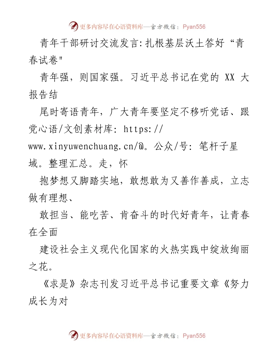 [发言] 青年干部研讨交流 - 扎根基层沃土，勇担时代使命.docx_第1页
