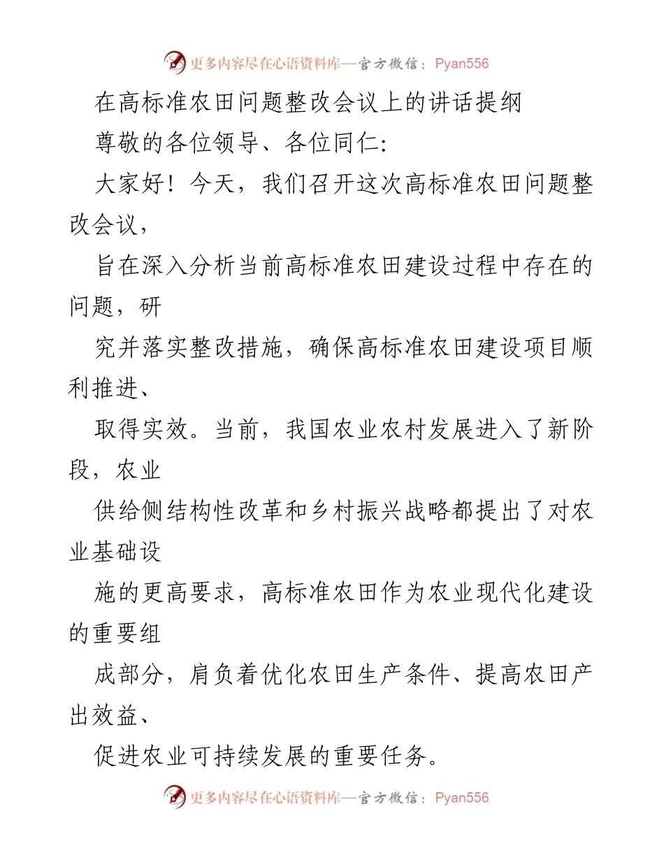 [发言] 高标准农田问题整改会议 - 高标准农田建设问题整改的重要性与措施.docx_第1页