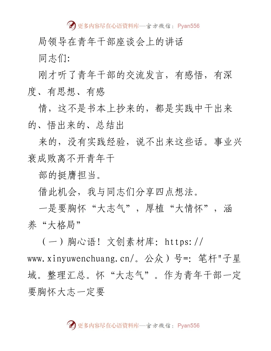 [发言] 青年干部座谈会 - 青年干部应有的“大志气”、“大情怀”和“大格局”.docx_第1页