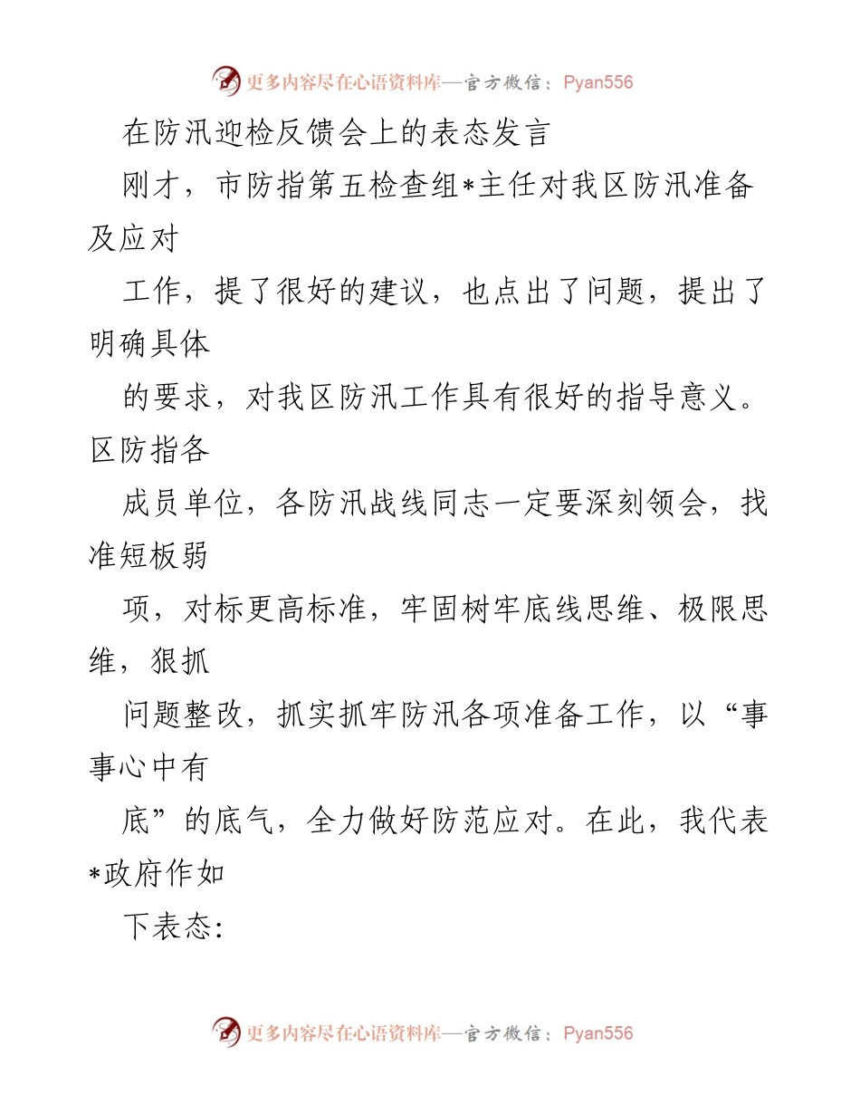 [发言] 防汛迎检反馈会 - 加强防汛准备，确保安全度汛.docx_第1页