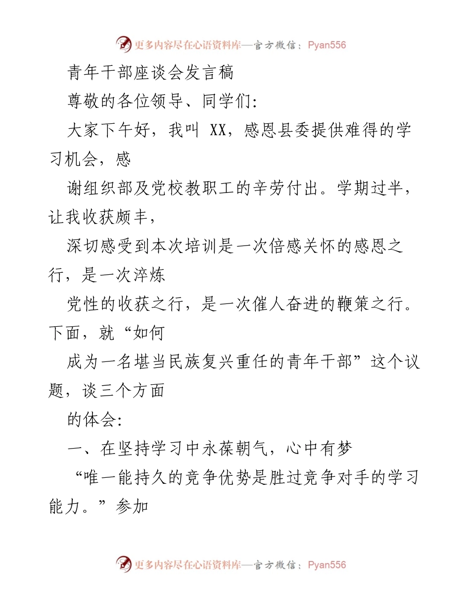 [发言] 青年干部座谈会 - 如何成为民族复兴重任的青年干部.docx_第1页