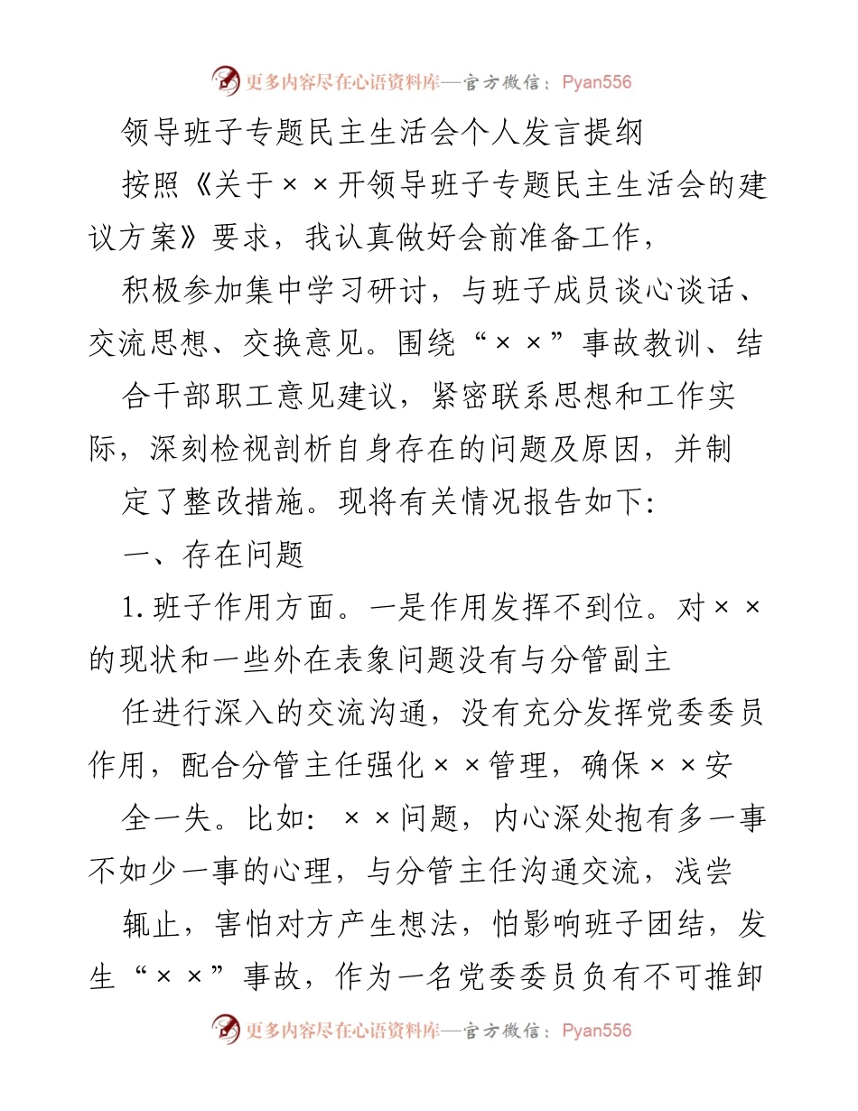 [发言] 领导班子专题民主生活会 - 深刻检视与整改措施的个人发言提纲.docx_第1页