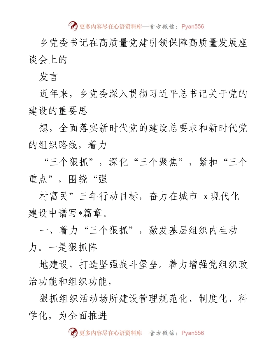 [发言] 高质量党建引领保障高质量发展座谈会 - 乡党委书记关于推动乡村振兴与党的建设的发言.docx_第1页