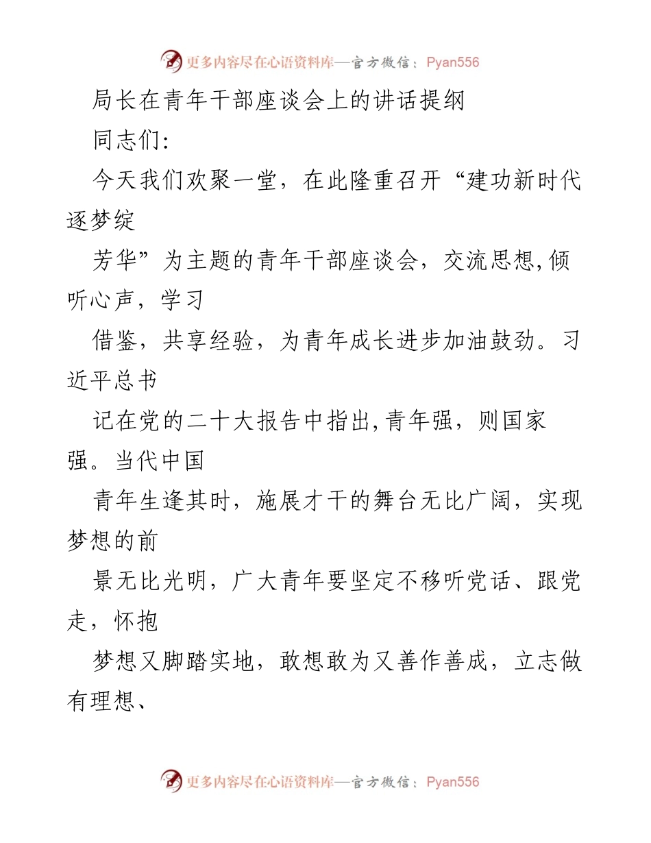 [发言] 青年干部座谈会 - 坚定初心，勇担使命：青年干部成长的指引.docx_第1页