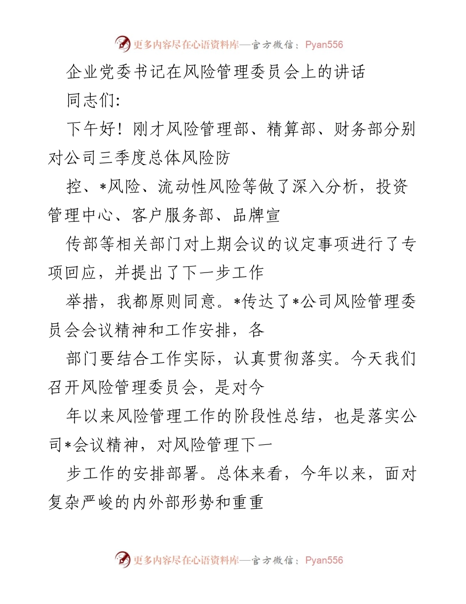 [发言] 风险管理委员会会议 - 强化风险防控，保障高质量发展的重要讲话.docx_第1页