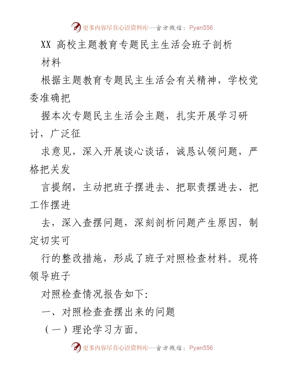 [发言] 高校主题教育专题民主生活会 - 班子对照检查与问题剖析报告.docx_第1页