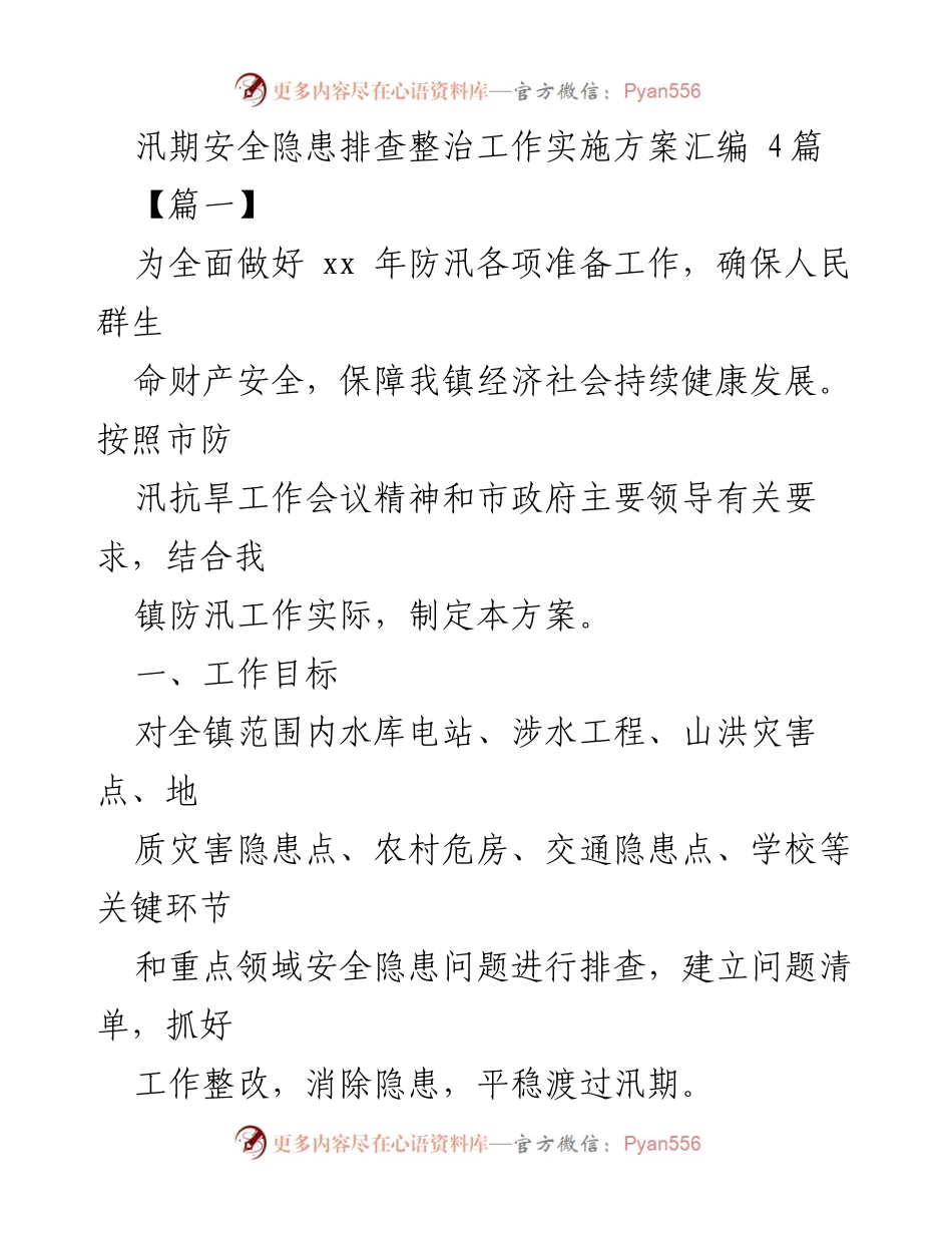 [发言] 防汛工作动员会 - 汛期安全隐患排查整治工作实施方案汇编.docx_第1页