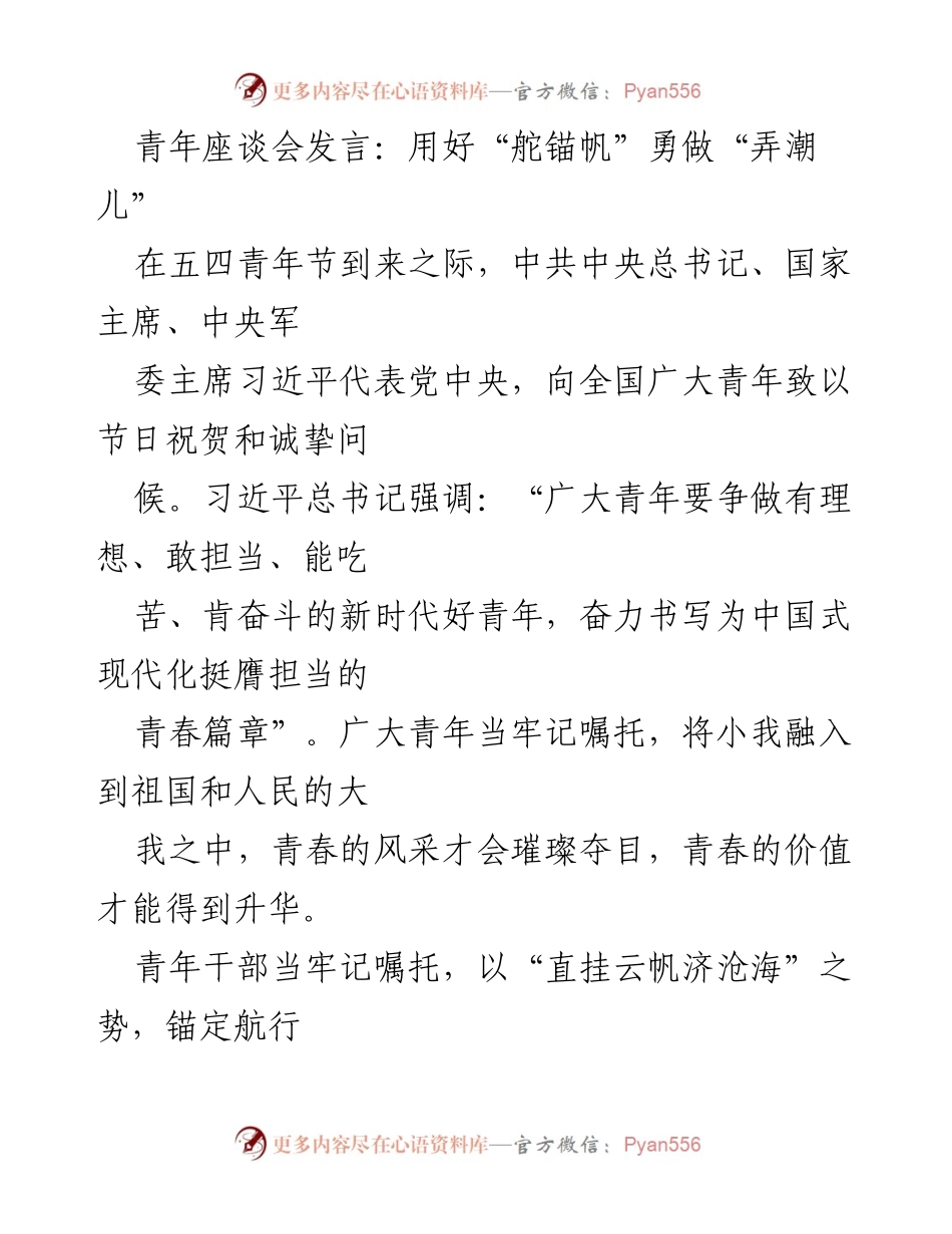 [发言] 青年座谈会 - 勇做新时代好青年：以青春担当书写中国式现代化篇章.docx_第1页