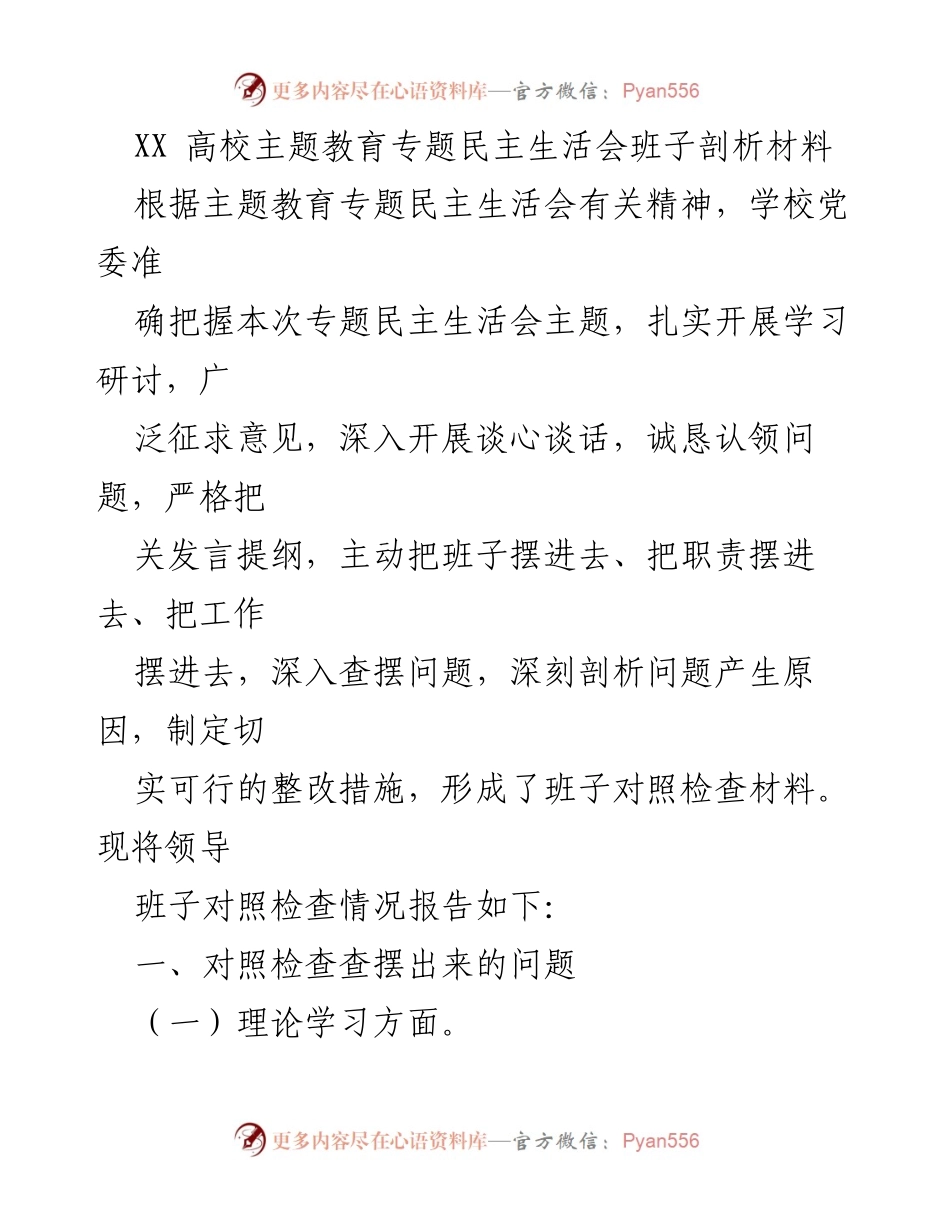 [发言] 高校主题教育专题民主生活会 - 班子剖析与整改措施报告_1.docx_第1页