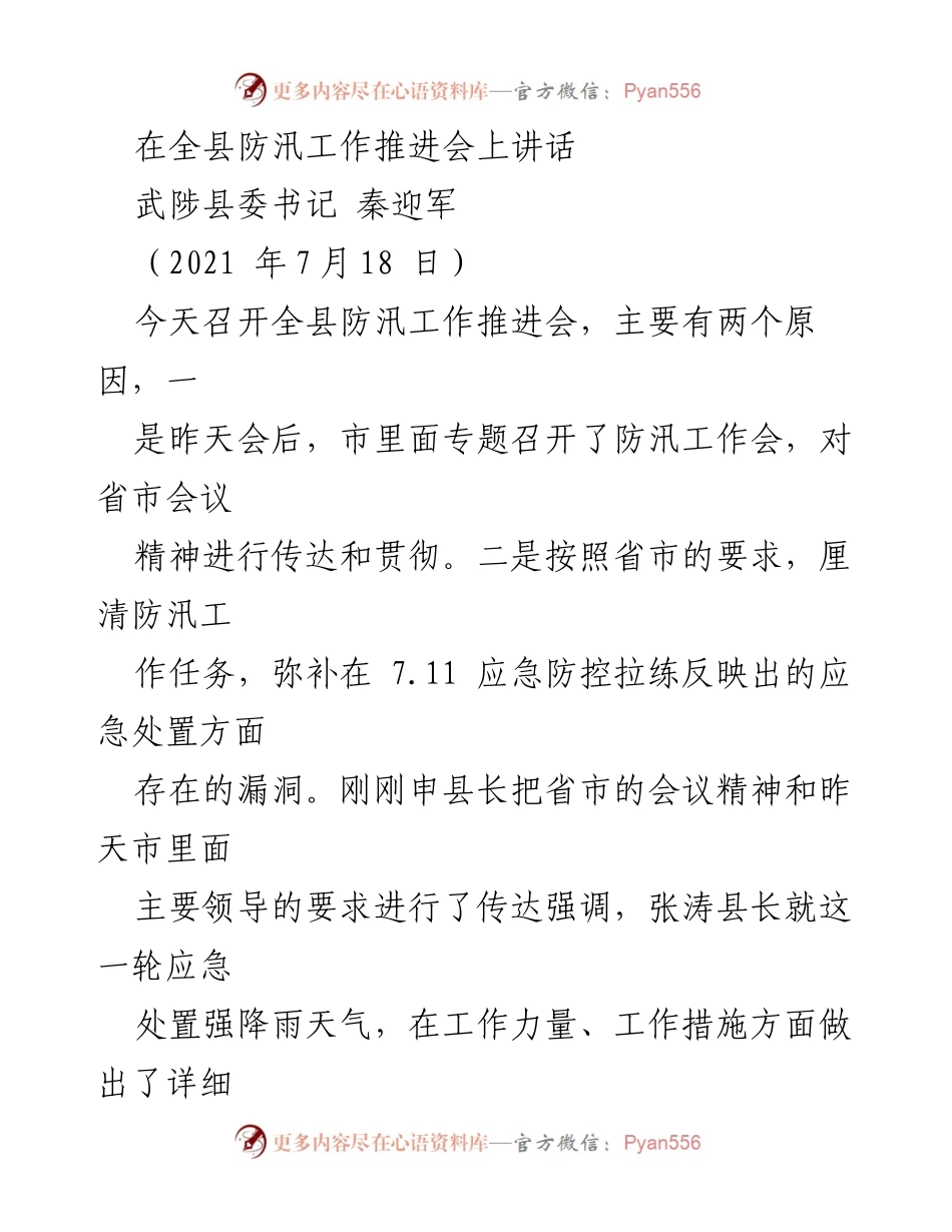 [发言] 防汛工作推进会 - 强化防汛责任，确保人民安全.docx_第1页