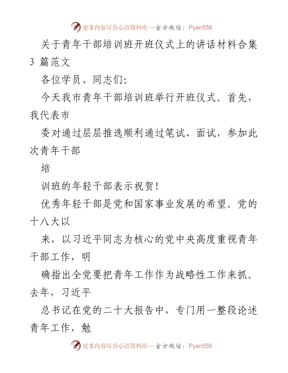 [发言] 青年干部培训班开班仪式 - 青年干部成长的希望与责任.docx_第1页