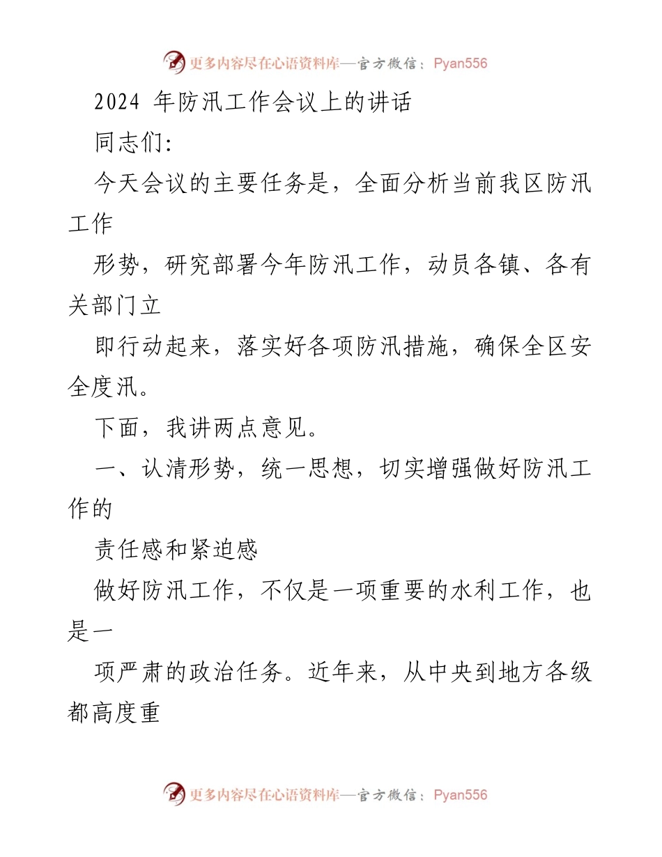[发言] 防汛工作会议 - 2024年防汛工作部署与责任强化讲话.docx_第1页