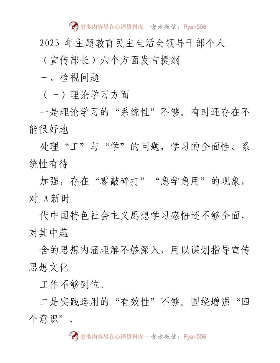 [发言提纲] 主题教育民主生活会 - 宣传部长个人问题检视与提升建议.docx_第1页