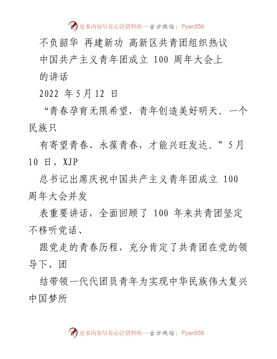 [发言] 高新区共青团组织学习会 - 不负韶华 再建新功：高新区共青团热议习近平总书记讲话.docx_第1页