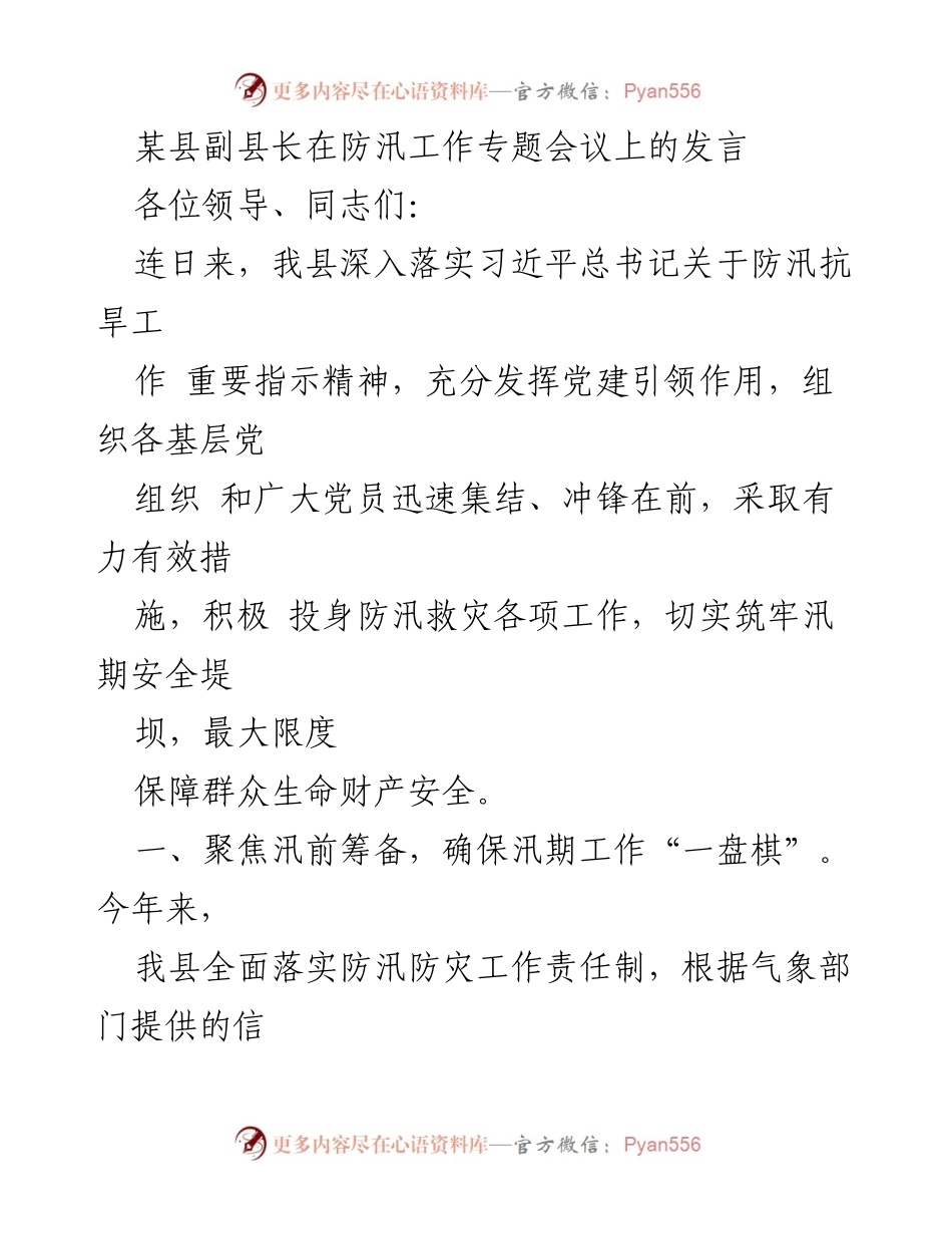 [发言] 防汛工作专题会议 - 加强防汛工作，筑牢安全防线.docx_第1页