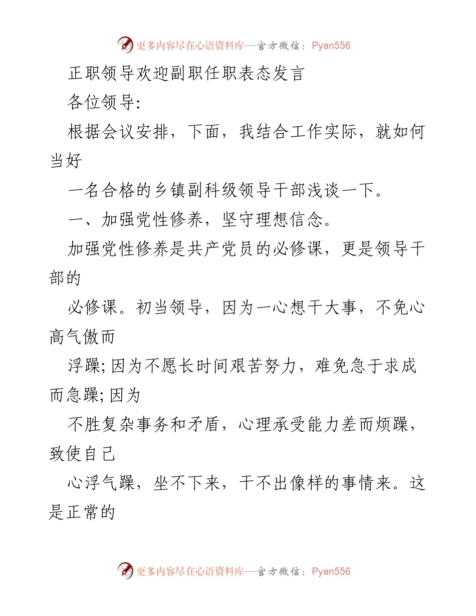 [发言] 领导任职会议 - 副职领导的表态发言与工作思考.docx_第1页