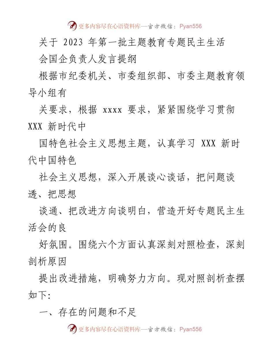 [发言提纲] 主题教育专题民主生活会 - 2023年国企负责人发言要点分析.docx_第1页