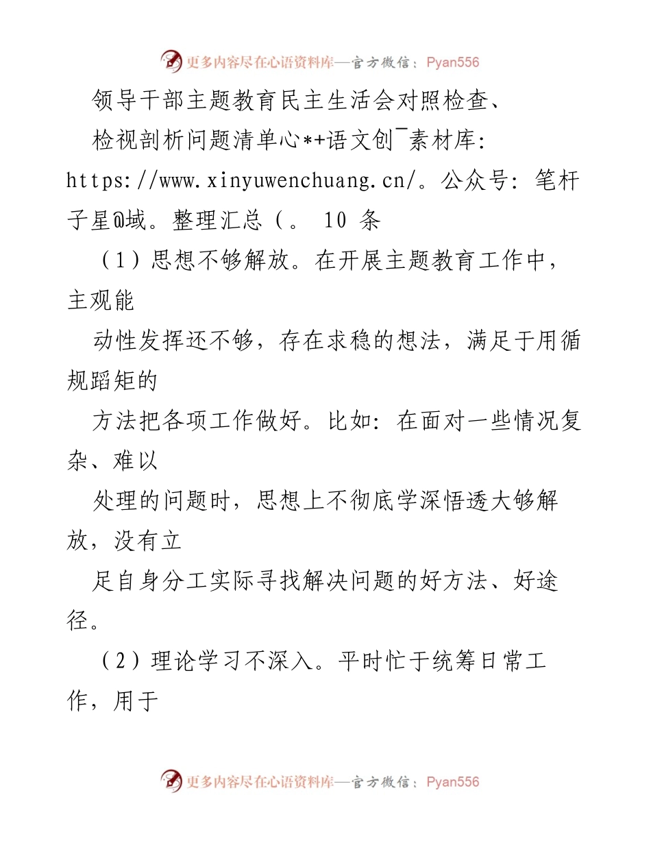 [发言] 领导干部主题教育民主生活会 - 深入检视与反思：领导干部主题教育中的问题与整改建议.docx_第1页