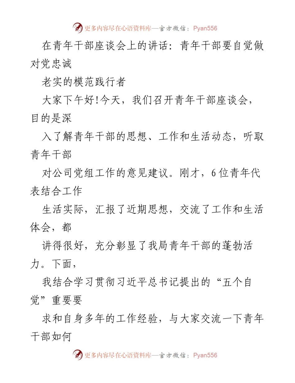 [发言] 青年干部座谈会 - 青年干部要自觉做对党忠诚老实.docx_第1页