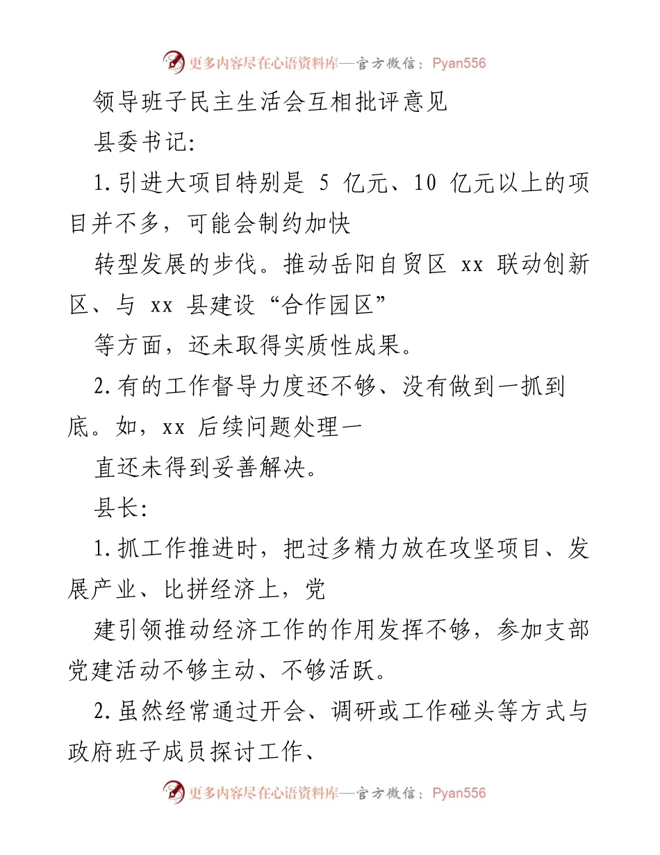 [发言] 领导班子民主生活会 - 领导班子互评及工作反思意见总结.docx_第1页