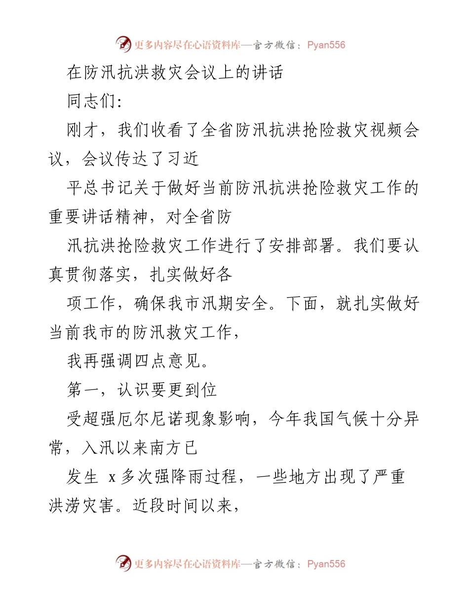 [发言] 防汛抗洪救灾会议 - 强化防汛责任 确保人民安全.docx_第1页