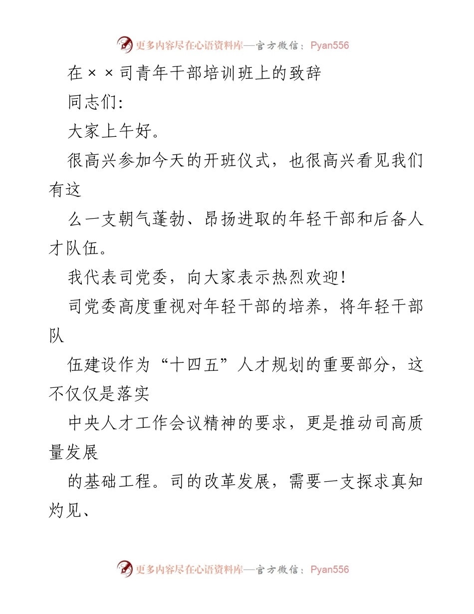 [发言] 青年干部培训班 - 加强年轻干部队伍建设的重要性与期望.docx_第1页