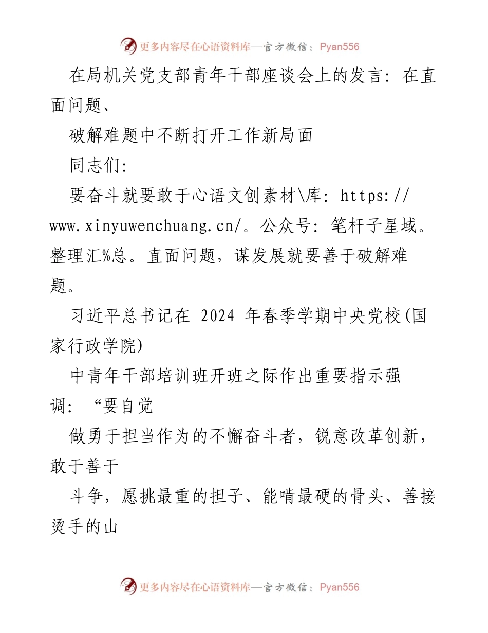 [发言] 青年干部座谈会 - 勇于担当，破解难题：青年干部的新使命.docx_第1页