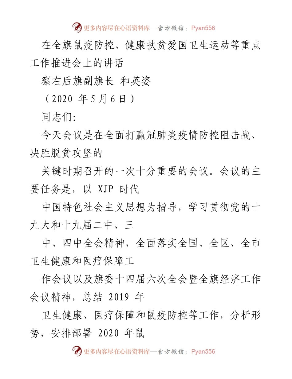 [发言] 防控工作推进会 - 加强鼠疫防控与健康扶贫，保障人民健康.docx_第1页