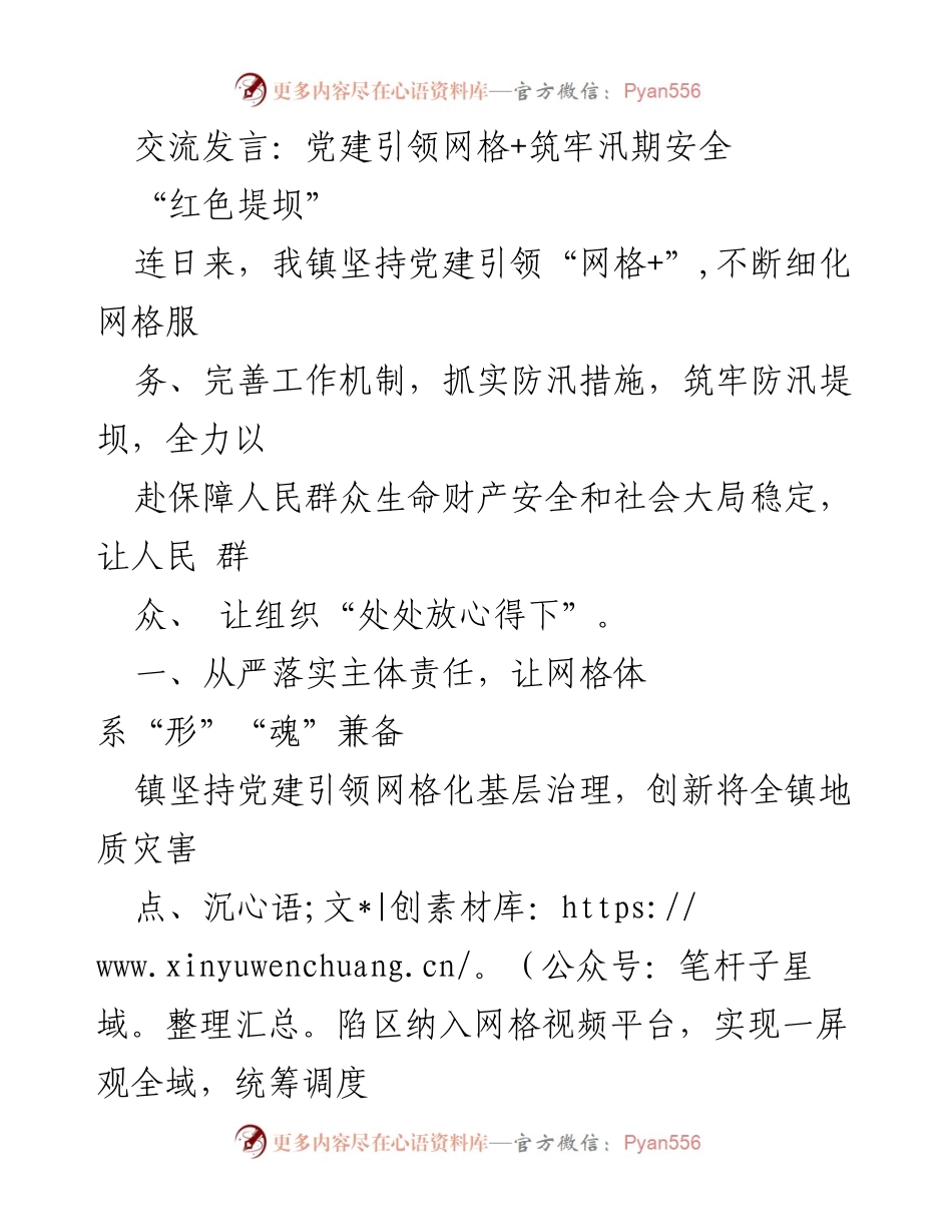 [发言] 防汛工作会议 - 党建引领网格化管理，筑牢汛期安全防线.docx_第1页