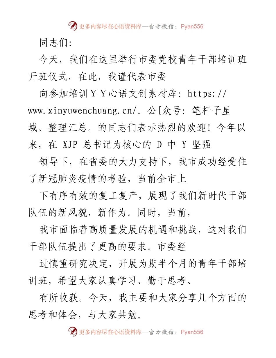 [发言] 青年干部培训班开班仪式 - 提升治理能力，建设高素质干部队伍.docx_第1页