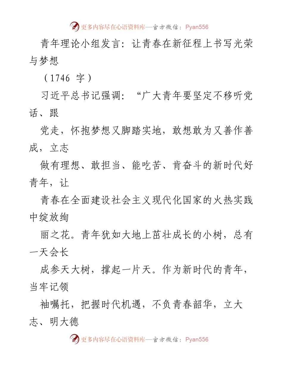 [发言] 青年理论小组 - 青春在新征程上的光荣与梦想.docx_第1页
