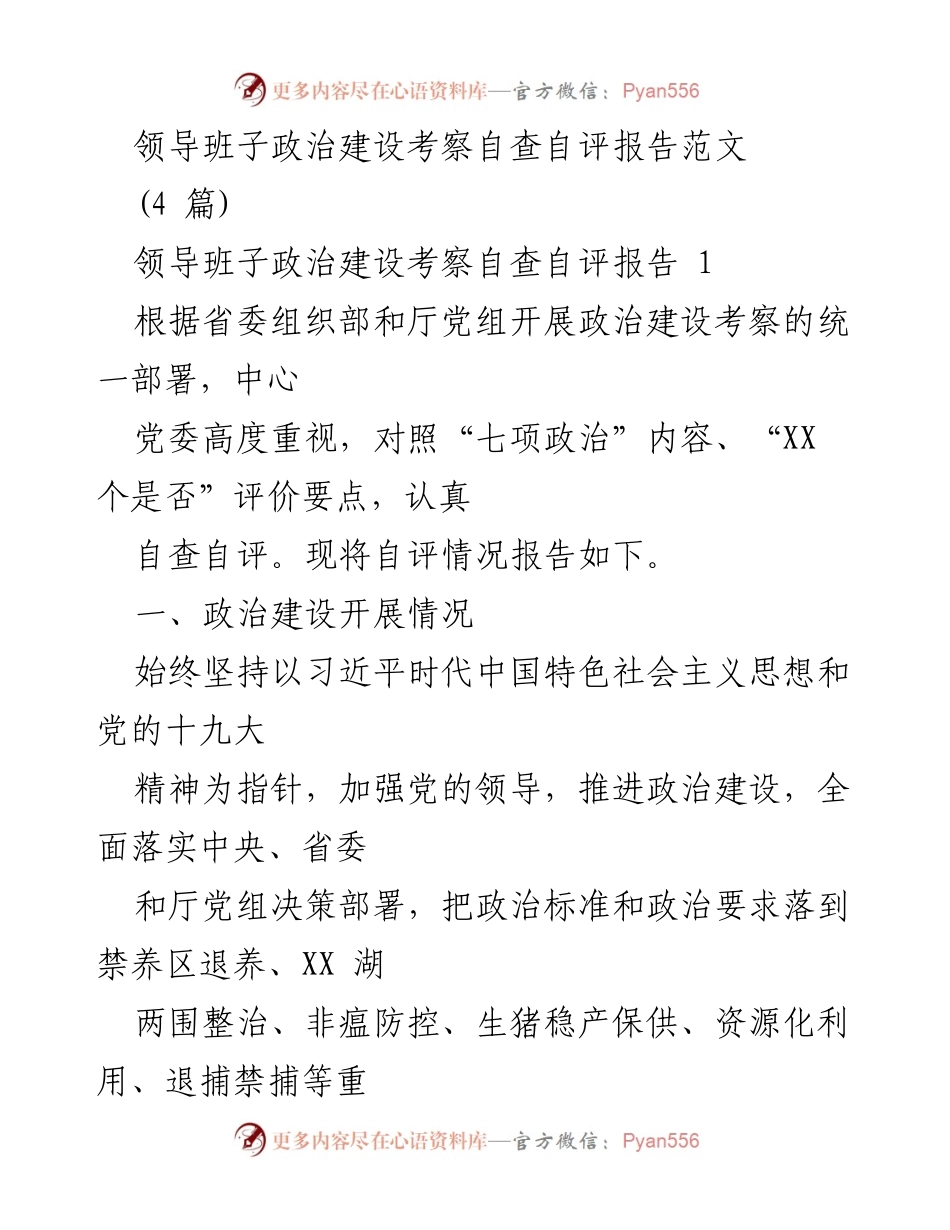 [发言] 领导班子政治建设自查 - 领导班子政治建设考察自查自评报告概述.docx_第1页