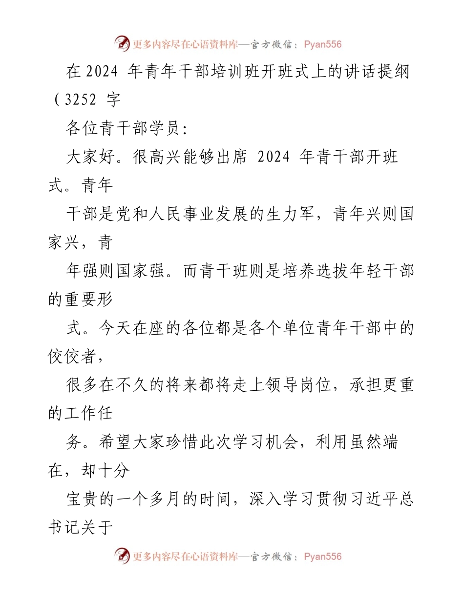 [发言] 青年干部培训班开班式 - 强调青年干部使命与能力提升的讲话.docx_第1页