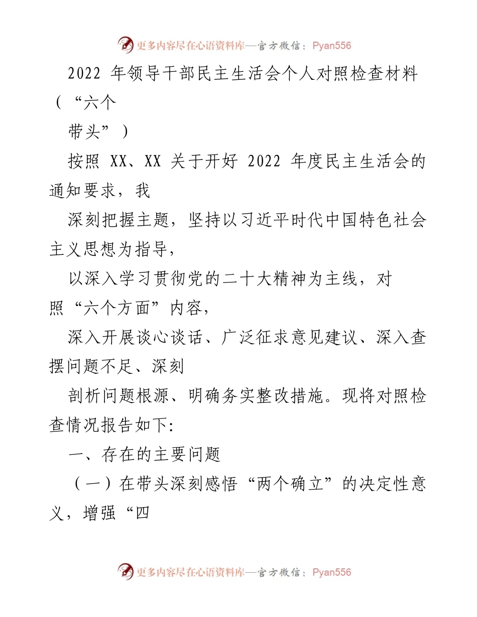 [发言] 领导干部民主生活会 - 2022年度民主生活会个人对照检查材料总结.docx_第1页