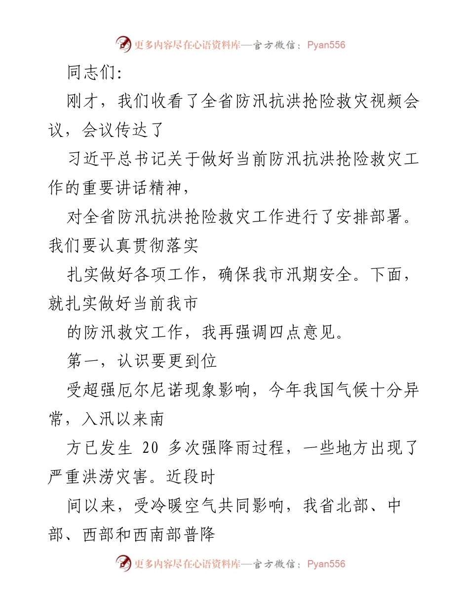 [发言] 防汛抗洪视频会议 - 加强防汛抗洪工作的重要性与责任落实.docx_第1页