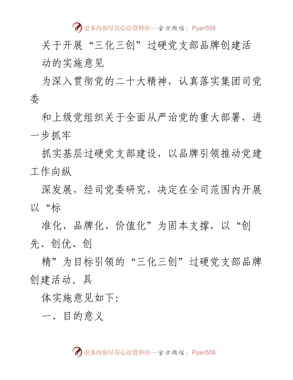 [实施意见] 党建活动 - 开展“三化三创”过硬党支部品牌创建活动的实施意见_1.docx_第1页
