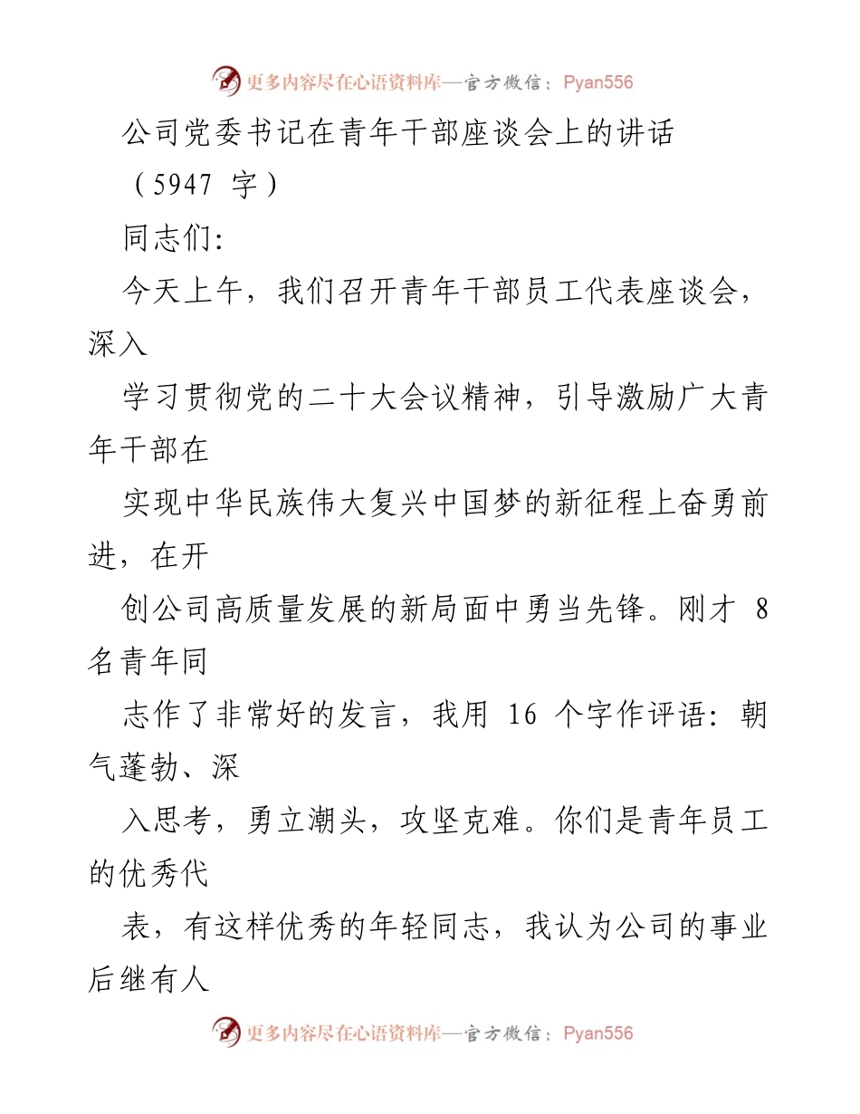 [发言] 青年干部座谈会 - 引导青年干部奋勇前进，学习贯彻党的二十大精神.docx_第1页