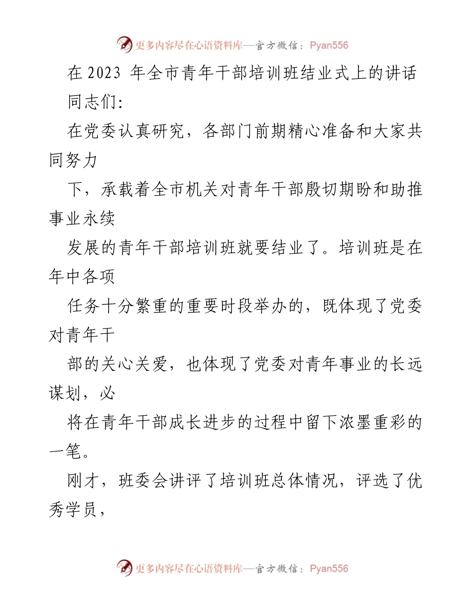 [发言] 青年干部培训班结业式 - 青年干部成长的殷切期盼与思维提升.docx_第1页