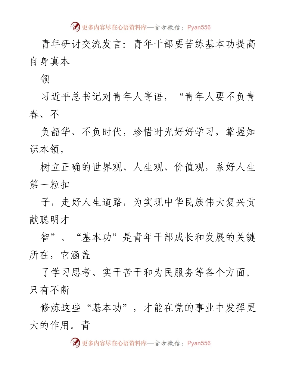[发言] 青年干部研讨会 - 提升青年干部基本功，服务时代发展.docx_第1页