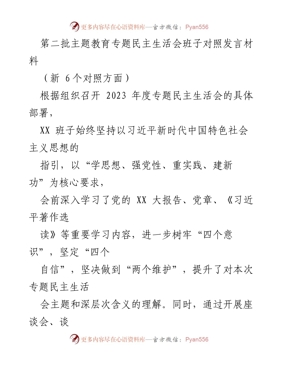 [发言材料] 专题民主生活会 - 第二批主题教育专题民主生活会班子对照发言材料.docx_第1页