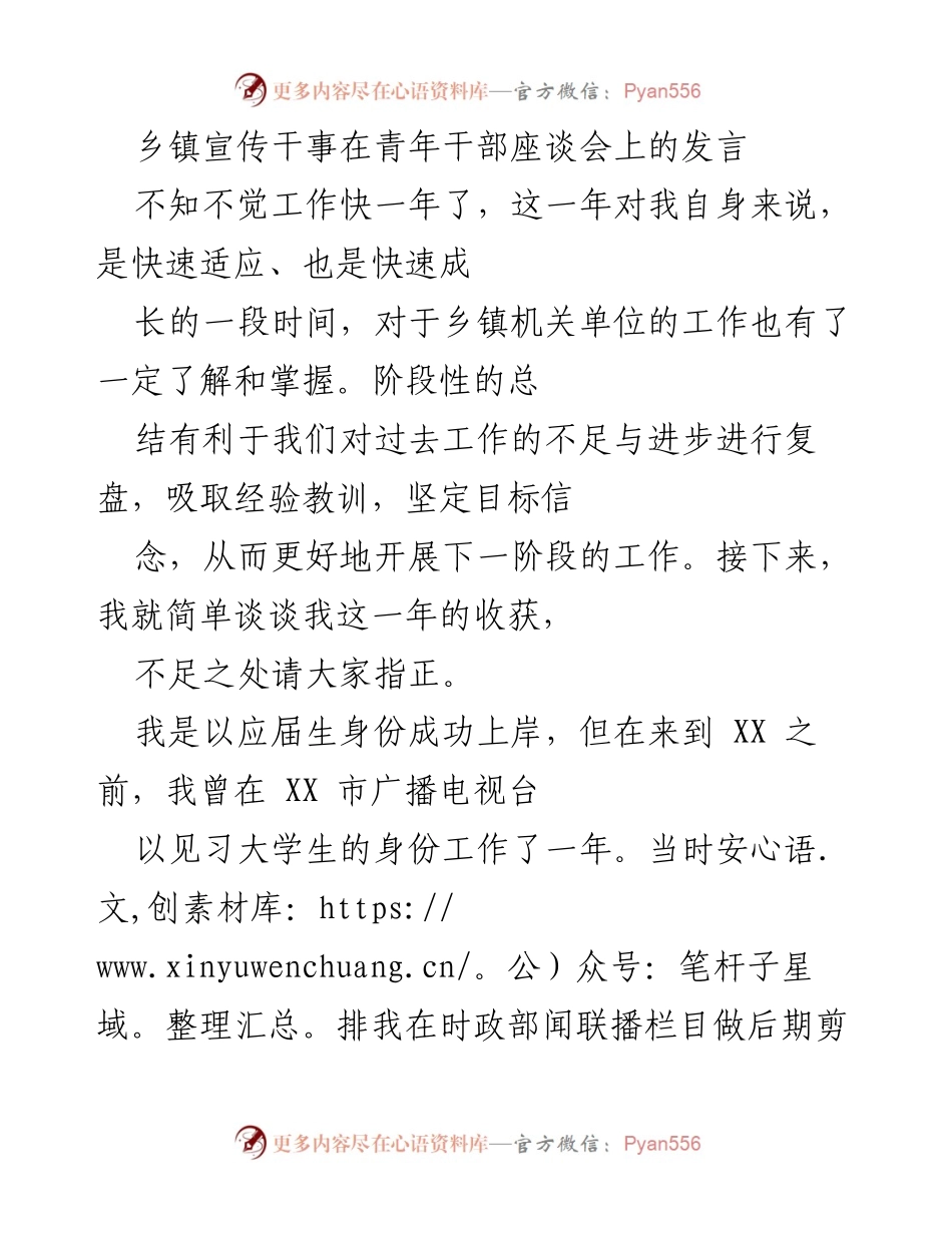 [发言] 青年干部座谈会 - 乡镇工作一年总结与成长分享.docx_第1页