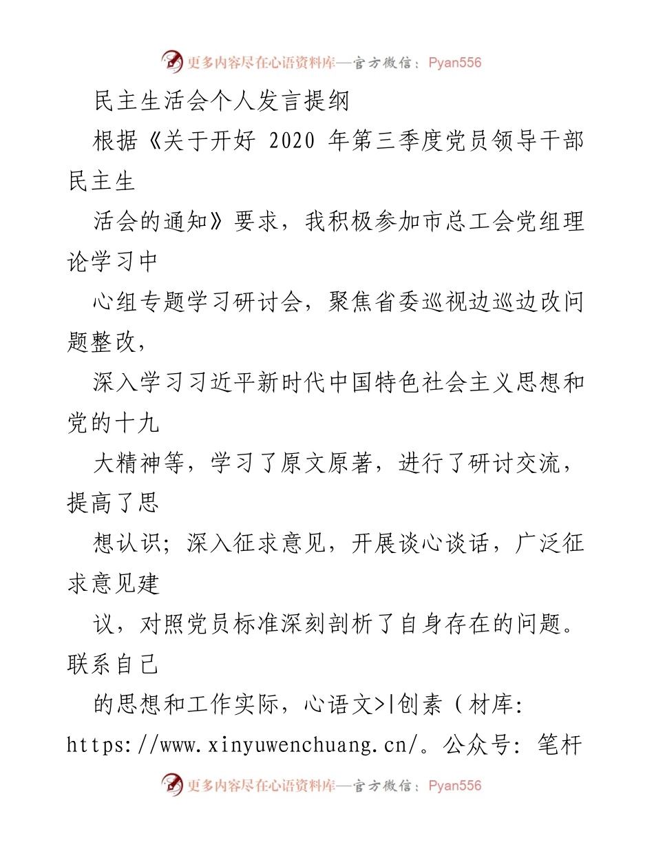 [发言提纲] 民主生活会 - 深入学习与整改：我的个人反思与努力方向.docx_第1页