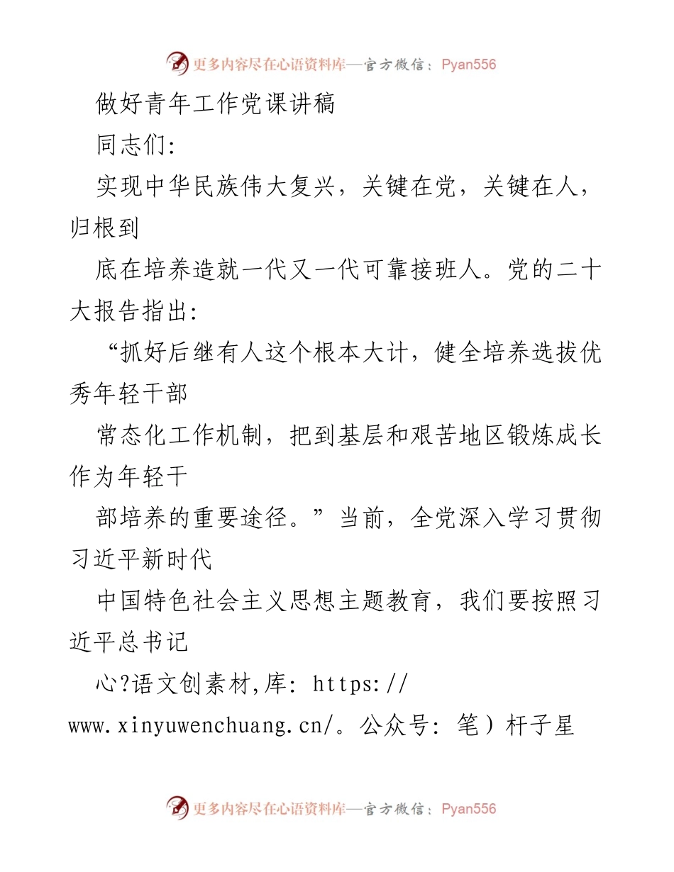 [发言] 青年工作党课 - 加强青年工作，培养民族复兴的接班人.docx_第1页