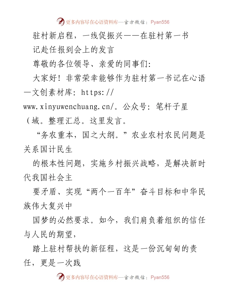 [发言] 驻村第一书记赴任报到会 - 驻村新启程：肩负使命，助力乡村振兴.docx_第1页