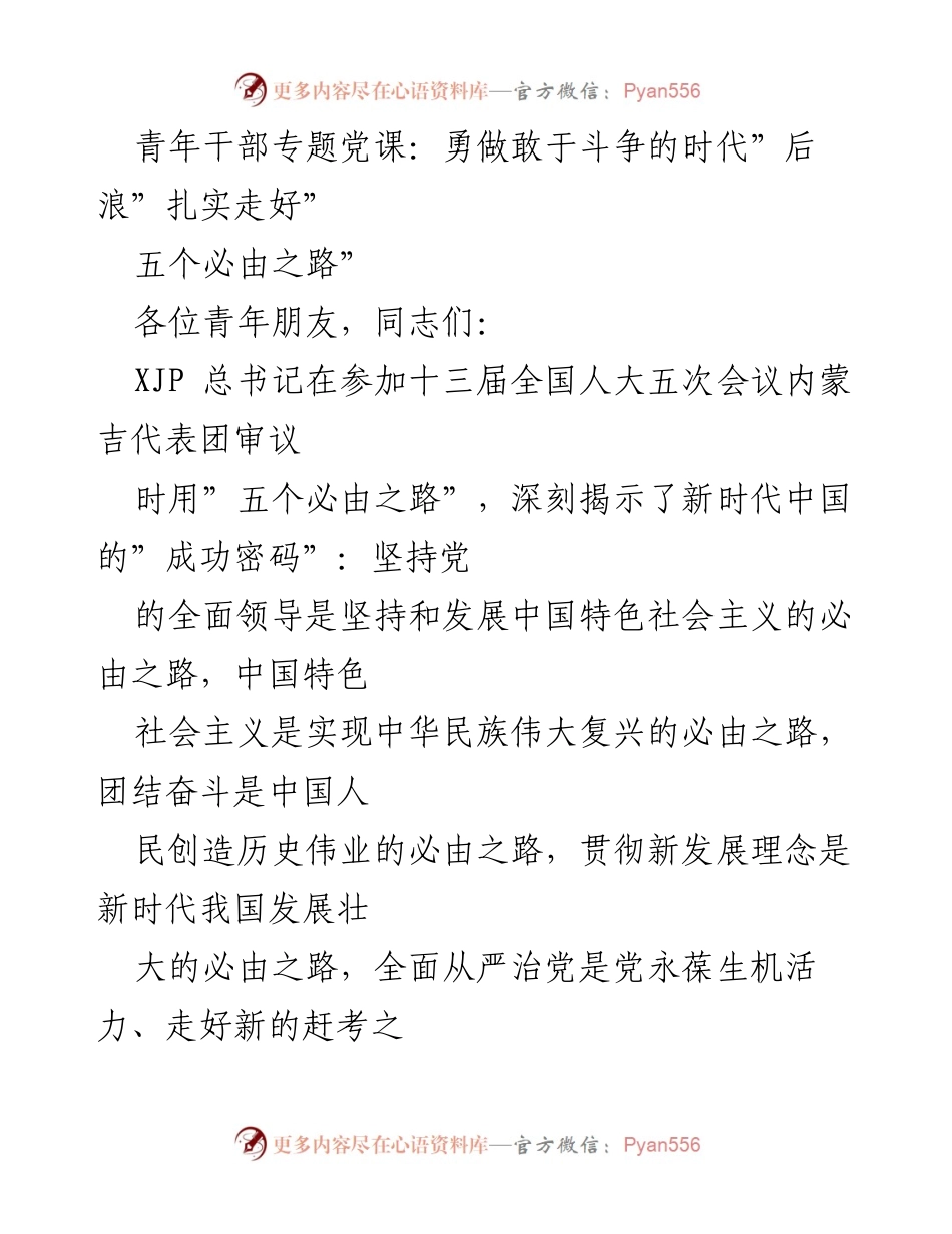 [发言] 青年干部专题党课 - 勇做敢于斗争的“时代后浪”，扎实走好“五个必由之路”.docx_第1页